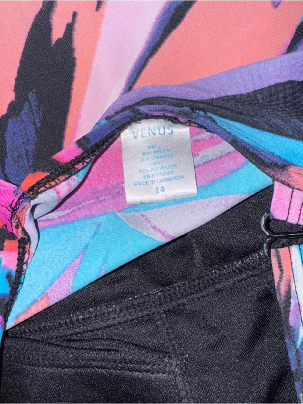 Venus One Piece Tropical Palm Print Swim Dress Shirred Black Purple Size 14 - Picture 4 of 6